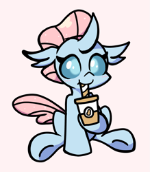 Size: 1221x1396 | Tagged: safe, artist:derp pone, derpibooru exclusive, derpibooru import, ocellus, changedling, changeling, blushing, coffee, cute, diaocelles, drink, drinking, female, food, pink background, simple background, sitting, smiling, solo, tea