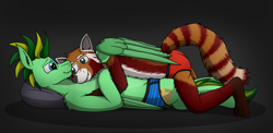 Size: 5980x2926 | Tagged: safe, artist:tacomytaco, derpibooru import, oc, oc only, oc:bramble, oc:taco.m.tacoson, pegasus, pony, red panda, briefs, clothes, cuddling, gradient background, hug, lying down, lying on top of someone, smiling, underwear, winghug, wings