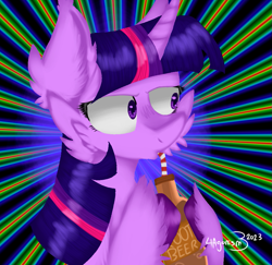 Size: 983x957 | Tagged: safe, artist:4agonism, derpibooru import, twilight sparkle, unicorn twilight, pony, unicorn, bubble, bust, cheek fluff, drink, drinking, drinking straw, ear fluff, ears, female, fluffy, hoof hold, lidded eyes, mare, root beer, solo, straw, stripes, sunburst background, unshorn fetlocks