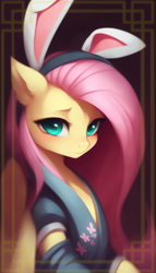 Size: 1024x1792 | Tagged: safe, derpibooru import, editor:craft, generator:purplesmart.ai, generator:stable diffusion, machine learning generated, fluttershy, pegasus, pony, bunny ears, chinese new year, clothes, cute, dress, shyabetes, solo