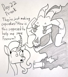 Size: 2551x2869 | Tagged: safe, artist:spoopygirl, derpibooru import, fhtng th§ ¿nsp§kbl, oleander, fanfic:cupcakes, them's fightin' herds, community related, female, lineart, text, traditional art