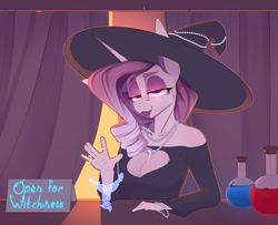 Size: 3200x2600 | Tagged: safe, artist:chapaevv, derpibooru import, oc, oc only, oc:sumac spirit, anthro, breasts, cleavage, clothes, female, fire, hat, jewelry, looking at you, necklace, patreon, patreon reward, pearl necklace, potion, solo, spirit, store, text, witch, witch hat