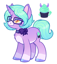 Size: 1100x1250 | Tagged: safe, artist:hexlockspear, derpibooru import, oc, oc only, oc:whipped scream, pony, unicorn, bow, cupcake, food, glasses, golden eyes, green mane, ponysona, purple coat, ribbon, simple background, solo, transparent background