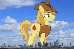 Size: 2048x1365 | Tagged: safe, artist:frownfactory, artist:jaredking779, derpibooru import, braeburn, earth pony, pony, clothes, dallas, giant pony, giant/macro earth pony, hat, highrise ponies, irl, macro, male, mega giant, photo, ponies in real life, solo, stallion, texas, vest