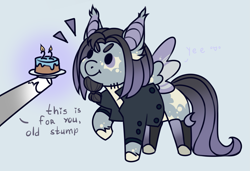 Size: 2573x1757 | Tagged: safe, artist:rico_chan, derpibooru import, oc, oc:adam paine, pegasus, pony, birthday, cake, chibi, food, offscreen character, postcard, sketch, solo