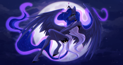 Size: 3677x1946 | Tagged: safe, artist:maybeweed, derpibooru import, princess luna, alicorn, anthro, unguligrade anthro, female, flying, high res, mare, midriff, moon, solo