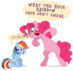 Size: 1475x1433 | Tagged: safe, artist:rachel_morrigan, derpibooru import, pinkie pie, rainbow dash, earth pony, pegasus, pony, angry, bipedal, censored vulgarity, duo, grawlixes, meme, simple background, speech bubble, vulgar, what the heck rainbow dash don't swear, white background, yelling