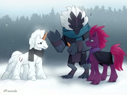 Size: 1440x1080 | Tagged: safe, artist:anoraknr, derpibooru import, fizzlepop berrytwist, tempest shadow, pony, unicorn, cloak, clothes, duo, music notes, scarf, smiling, snow, snowmare, storm creature