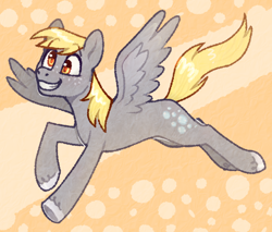 Size: 1280x1093 | Tagged: safe, artist:leon404, artist:purrtal2, derpibooru import, derpy hooves, pegasus, pony, abstract background, derp, flying, freckles, hooves, slim, smiling, solo, spread wings, thin, unshorn fetlocks, wings
