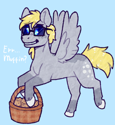 Size: 1280x1397 | Tagged: safe, artist:leon404, artist:purrtal2, derpibooru import, derpy hooves, pegasus, pony, basket, blue background, crossover, food, muffin, portal (valve), portal 2, simple background, solo, sunglasses, wheatley