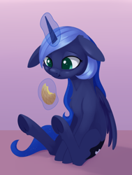 Size: 1248x1652 | Tagged: safe, artist:dusthiel, derpibooru import, princess luna, alicorn, pony, cute, ears, eating, female, floppy ears, food, lunabetes, magic, mare, sitting, slim, solo, sternocleidomastoid, telekinesis, thin