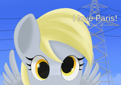 Size: 3508x2480 | Tagged: safe, artist:samenandsam, derpibooru import, derpy hooves, pegasus, pony, derpy being derpy, english, female, high res, looking at you, mare, meme, ponified, ponified meme, power line, simple background, smiling, solo, wings