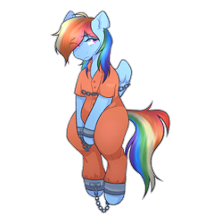 Size: 2000x2173 | Tagged: safe, artist:cappugchino, derpibooru import, rainbow dash, pony, bound wings, chained, chains, clothes, commission, commissioner:rainbowdash69, prison outfit, prisoner, prisoner rd, simple background, solo, transparent background, wings