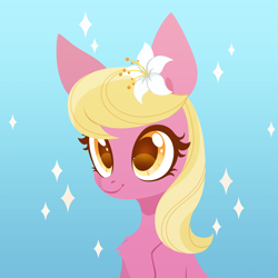 Size: 3000x3000 | Tagged: safe, artist:belka-sempai, derpibooru import, lily, lily valley, earth pony, pony, beautiful, bust, chest fluff, colored eyelashes, colored pupils, cute, female, flower, flower in hair, gradient background, mare, smiling, solo, sparkles