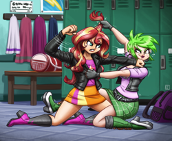 Size: 2450x2015 | Tagged: safe, artist:king-kakapo, derpibooru import, cherry crash, sunset shimmer, human, equestria girls, backpack, blood, boots, catfight, clothes, commission, duo, duo female, female, fight, hair pulling, jacket, leather, leather jacket, locker room, lockers, nosebleed, punch, shoes, skirt, towel