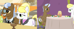 Size: 2008x786 | Tagged: safe, derpibooru import, edit, edited screencap, screencap, dainty dove, justah bill, tall order, earth pony, pony, unicorn, amending fences, the cutie mark chronicles, bedroom eyes, broccoli, carrot, chair, collar, comparison, cropped, cup, daintyorder, dane tee dove, female, fine print (character), food, glasses, male, mare, necktie, potato, shipping, smiling, stallion, straight, straw, table