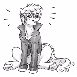 Size: 3587x3627 | Tagged: safe, artist:opalacorn, derpibooru import, oc, oc only, earth pony, pony, black and white, chest fluff, clothes, commission, grayscale, grin, jacket, leather, leather jacket, male, monochrome, sitting, smiling, solo, stallion