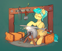 Size: 2016x1634 | Tagged: safe, artist:rexyseven, derpibooru import, oc, oc only, oc:karoline skies, earth pony, pony, green background, grindstone, hammer, hay bale, sharpening, simple background, solo, sword, tongs, weapon