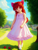 Size: 1536x2048 | Tagged: safe, derpibooru import, generator:stable diffusion, machine learning generated, apple bloom, human, adorabloom, apple, child, clothes, complex background, cute, dress, food, frilly dress, grass, house, houses, human female, humanized, outdoors, pink dress, smiling, solo, tree