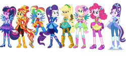 Size: 862x400 | Tagged: safe, artist:uicj, derpibooru import, applejack, fluttershy, pinkie pie, rainbow dash, rarity, sci-twi, starlight glimmer, sunset shimmer, twilight sparkle, equestria girls, boots, clothes, cowboy boots, crystal guardian, gloves, high heel boots, humane five, humane seven, humane six, shoes, simple background, transparent background