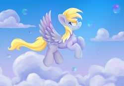 Size: 4096x2849 | Tagged: safe, artist:saphypone, derpibooru import, derpy hooves, pegasus, pony, bubble, cloud, female, flying, mare, sky, solo