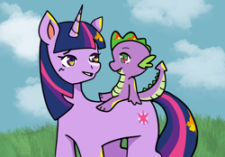 Size: 2048x1423 | Tagged: safe, artist:mlpstim, derpibooru import, spike, twilight sparkle, unicorn twilight, dragon, pony, unicorn, cloud, dragons riding ponies, duo, duo male and female, fangs, female, looking at each other, looking at someone, male, mare, outdoors, riding, sitting, smiling, spike riding twilight, starry eyes, tail, wingding eyes