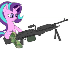 Size: 900x675 | Tagged: safe, artist:slamjam, derpibooru import, starlight glimmer, pony, unicorn, clothes, female, gun, m240, mare, simple background, socks, solo, thigh highs, weapon, white background