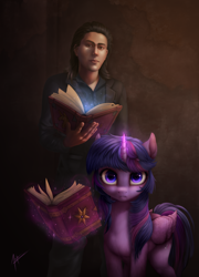 Size: 1600x2223 | Tagged: safe, artist:zetamad, derpibooru import, twilight sparkle, twilight sparkle (alicorn), alicorn, human, unicorn, book, clothes, commission, duo, female, glowing, glowing horn, horn, human male, levitation, looking at you, magic, magic aura, male, mare, suit, telekinesis