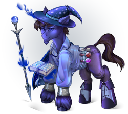 Size: 1298x1158 | Tagged: safe, artist:leastways, derpibooru import, oc, oc only, oc:azure lore, pony, unicorn, book, boots, cloak, clothes, commission, facial hair, goatee, hat, horn, long horn, magic, potion, shoes, simple background, solo, staff, transparent background, wizard, wizard hat