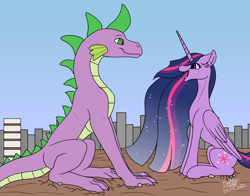 Size: 3662x2876 | Tagged: safe, artist:lightning bolty, derpibooru import, princess twilight 2.0, spike, twilight sparkle, twilight sparkle (alicorn), alicorn, dragon, pony, the last problem, cartoon physics, city, cityscape, colored, colored belly, concave belly, cracked ground, cracks, cute, duo, ear fluff, ears, ethereal mane, ethereal tail, eyelashes, female, flat colors, floppy ears, folded wings, gradient mane, hammerspace, hammerspace belly, happy, high res, implied mass vore, long mane, looking at each other, looking at someone, macro, male, older, older spike, older twilight, open mouth, open smile, rubble, ruined city, scaled underbelly, scenery, shipping, signature, sitting, sky, slim, slit eyes, smiling, smiling at each other, starry mane, starry tail, sternocleidomastoid, straight, striped mane, striped tail, tail, tall, thin, twiabetes, twispike, wall of tags, wings