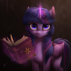 Size: 1600x1600 | Tagged: safe, artist:zetamad, derpibooru import, twilight sparkle, twilight sparkle (alicorn), alicorn, pony, book, female, glowing, glowing horn, horn, levitation, looking at you, magic, magic aura, mare, solo, telekinesis