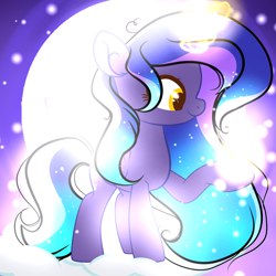 Size: 2048x2048 | Tagged: safe, artist:harmonyvitality-yt, derpibooru import, oc, oc only, pony, base used, eyelashes, female, full moon, glowing, glowing horn, horn, magic, mare, moon, raised hoof, raised leg, smiling, telekinesis