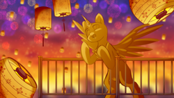Size: 1920x1080 | Tagged: safe, artist:stormcloud, derpibooru import, oc, pony, advertisement, any gender, any race, belly, chinese new year, commission, fireworks, full body, lantern, looking at something, open mouth, open smile, paper lantern, sky, sky background, smiling, solo, spread wings, wings, your character here