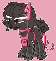 Size: 1024x1124 | Tagged: safe, artist:justsadluna, derpibooru import, oc, oc only, earth pony, pony, apron, clothes, earth pony oc, eyelashes, female, mare, naked apron, nudity, partial nudity, pink background, simple background, solo, unshorn fetlocks