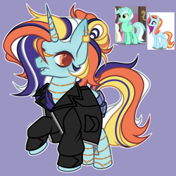 Size: 1522x1520 | Tagged: safe, artist:justsadluna, derpibooru import, oc, pony, unicorn, clothes, eyelashes, female, horn, magical lesbian spawn, male, mare, oc focus, offspring, parent:lyra heartstrings, parent:sassy saddles, screencap reference, solo focus, stallion, unicorn oc