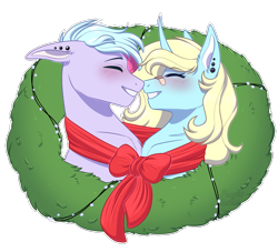 Size: 1100x1000 | Tagged: safe, artist:purplegrim40, derpibooru import, oc, oc only, earth pony, pony, unicorn, blushing, bust, clothes, commission, duo, ear piercing, earth pony oc, eyes closed, grin, horn, oc x oc, piercing, scarf, shared clothing, shared scarf, shipping, simple background, smiling, transparent background, unicorn oc, wreath, ych result