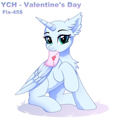Size: 2500x2549 | Tagged: safe, artist:stormcloud, derpibooru import, oc, pony, advertisement, any gender, any race, chest fluff, commission, ear fluff, ears, full body, hearts and hooves day, holiday, letter, looking at you, love letter, mouth hold, raised hoof, raised leg, simple background, sitting, solo, valentine's day, white background, your character here