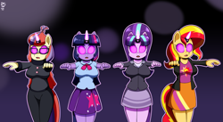 Size: 2633x1442 | Tagged: safe, artist:dr. chaos, derpibooru import, moondancer, starlight glimmer, sunset shimmer, twilight sparkle, anthro, unicorn, balloondancer, big breasts, breasts, clothes, cutie mark on clothes, equestria girls outfit, female, females only, glasses, headlight sparkle, horn, horn ring, mind control, ring, s5 starlight, skirt, starlight jiggler, sunset jiggler, swirly eyes