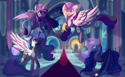 Size: 3637x2260 | Tagged: safe, artist:brybrychan, derpibooru import, princess cadance, princess celestia, princess luna, twilight sparkle, twilight sparkle (alicorn), alicorn, bat pony, changeling, dragon, griffon, hybrid, original species, pony, timber pony, timber wolf, alicorn tetrarchy, alternate design, colored, concave belly, flying, indoors, lighting, physique difference, shading, slim, species swap, thin, transformation