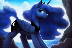 Size: 1920x1280 | Tagged: safe, derpibooru exclusive, derpibooru import, editor:dovakkins, generator:stable diffusion, machine learning generated, princess luna, alicorn, pony, beautiful, cliff, crown, ethereal mane, ethereal tail, female, folded wings, jewelry, mare, ocean, peytral, regalia, solo, tail, water, wings