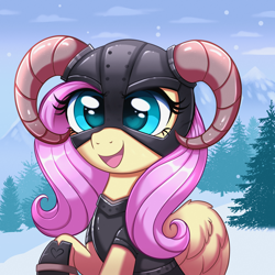 Size: 4000x4000 | Tagged: safe, artist:confetticakez, derpibooru import, fluttershy, pegasus, pony, armor, armored pony, crossover, cute, dovahkiin, dovahshy, featured image, female, heart, heart eyes, helmet, horned helmet, mare, open mouth, parody, shyabetes, skyrim, snow, solo, the elder scrolls, tree, wingding eyes