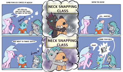 Size: 3400x2000 | Tagged: safe, artist:skunkstripe, derpibooru import, ocellus, silverstream, swift foot, changeling, hippogriff, comic, dialogue, dumb yung-six comics, dummy, nail file, neck snap, pre changedling ocellus, simple background, sweat, sweatdrop, thracian