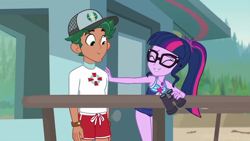 Size: 1280x720 | Tagged: safe, derpibooru import, edit, edited screencap, screencap, sci-twi, timber spruce, twilight sparkle, equestria girls, equestria girls series, unsolved selfie mysteries, binoculars, clothes, female, glasses, hat, inverted mouth, lifeguard, lifeguard timber, male, sci-twi swimsuit, shipping, smiling, straight, swimming trunks, swimsuit, timbertwi