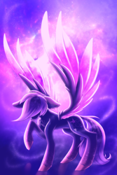 Size: 4000x6000 | Tagged: safe, artist:shad0w-galaxy, derpibooru import, oc, oc only, oc:shadow galaxy, pegasus, pony, absurd resolution, chest fluff, ethereal mane, ethereal wings, female, hooves, magic, mare, reflection, slim, solo, starry mane, starry wings, stars, thin, unshorn fetlocks, wings