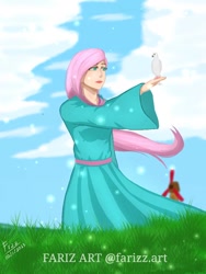 Size: 768x1024 | Tagged: safe, artist:lencai123, derpibooru import, fluttershy, bird, human, female, humanized, solo, windmill