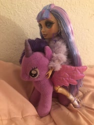 Size: 1536x2048 | Tagged: safe, artist:aaliyah_rosado, artist:user15432, derpibooru import, twilight sparkle, twilight sparkle (alicorn), alicorn, human, barely pony related, bedroom, crossover, doll, humans riding ponies, irl, photo, plushie, rainbow high, riding, toy, violet willow