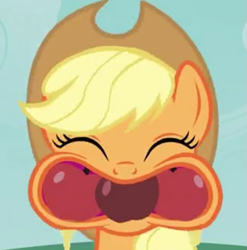 Size: 789x800 | Tagged: safe, derpibooru import, screencap, applejack, earth pony, pony, apple family reunion, apple, cheek bulge, cropped, eating, eyelashes, eyes closed, food, full mouth, hat, imminent gulp, solo