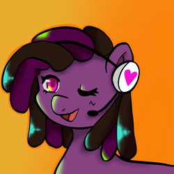 Size: 2048x2048 | Tagged: safe, artist:mlpstim, derpibooru import, oc, oc only, oc:tmoney, earth pony, pony, dreadlocks, female, gradient background, headphones, headset, headset mic, mare, microphone, one eye closed, open mouth, open smile, smiling, solo, wink