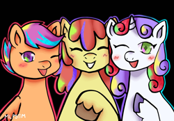 Size: 2048x1423 | Tagged: safe, artist:mlpstim, derpibooru import, apple bloom, scootaloo, sweetie belle, earth pony, pegasus, pony, unicorn, alternate hair color, black background, blushing, cutie mark crusaders, eyes closed, female, filly, foal, folded wings, grin, looking at you, one eye closed, open mouth, open smile, raised hoof, raised leg, simple background, smiling, trio, unshorn fetlocks, wings, wink, winking at you