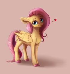 Size: 2316x2460 | Tagged: safe, artist:miokomata, derpibooru import, fluttershy, pegasus, pony, brown background, colored hooves, cute, daaaaaaaaaaaw, ears, female, floating heart, floppy ears, freckles, freckleshy, heart, high res, looking at you, mare, shyabetes, simple background, smiling, smiling at you, solo, sternocleidomastoid